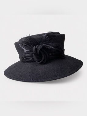 Accessorize Black Wool Felt Hat with Feather Rosette